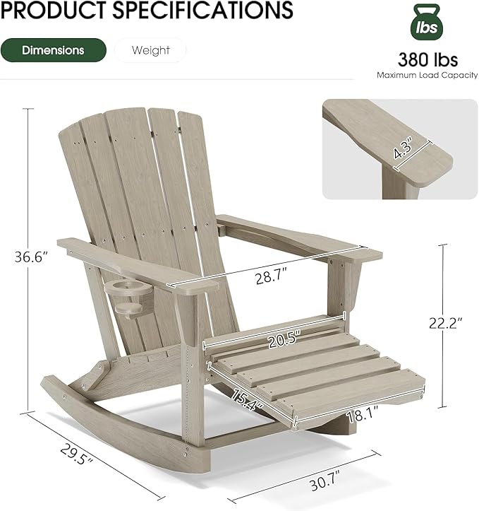 Adirondack Rocking Chair with Retractable Ottoman, Outdoor Folding Adirondack - Image 3