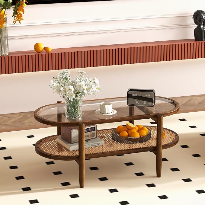 Giantex Rattan Coffee Table, 2-Tier Oval Acacia Wood Tea Table w/Tempered Glass - Image 7