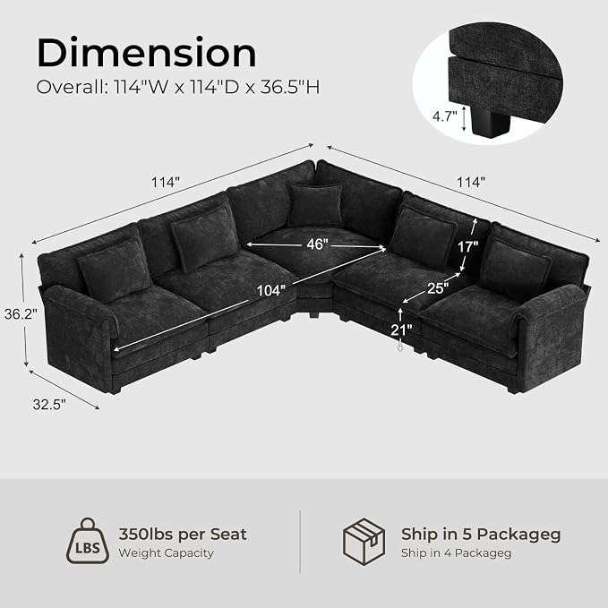 ELUCHANG 114" Oversized V-Shaped Cloud Couch Modular Sectional Sofa - Image 2