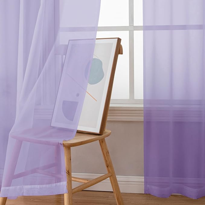OWENIE Light Purple Sheer Curtains 54 Inch Length 2 Panels Set, Rod Pocket - Image 3