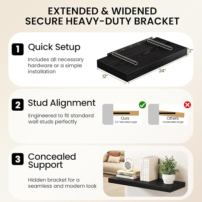 36Inch Black Floating Shelves for Wall, 12 Inch Deep Shelves for Bedroom - Image 6