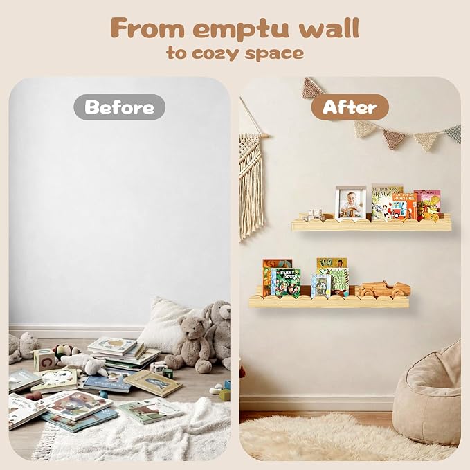 Nursery Floating Shelves for Kids Room, 4 Pack 15.7 Inch Natural Wood Wall - Image 2