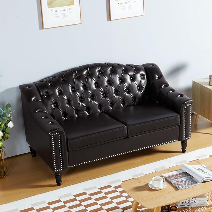 LEVNARY Chesterfield Loveseat Leather, Upholstered Sofa - Image 3