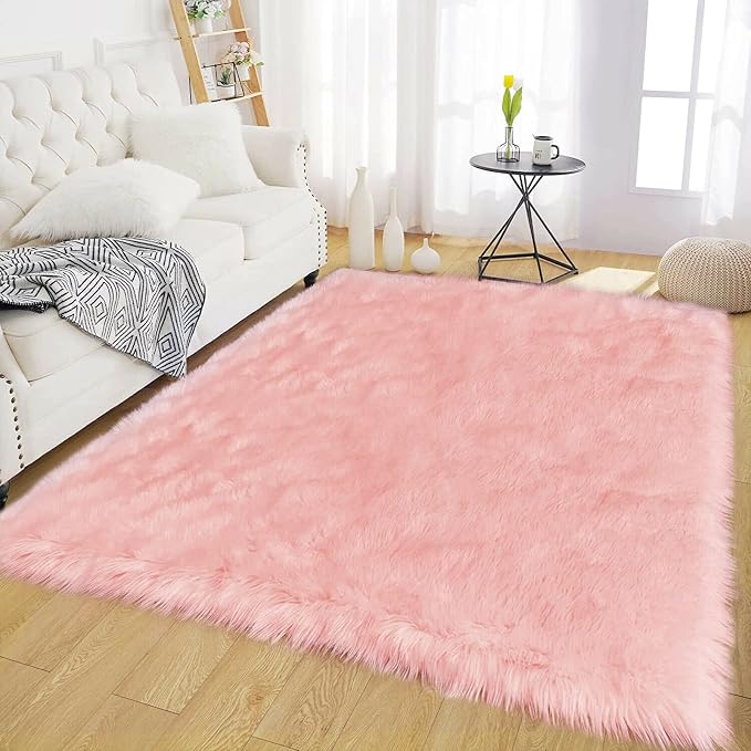 Latepis Pink Fur 5x8 Area Rug for Living Room Bedroom Faux Sheepskin Rugs Fuzzy by Latepis
