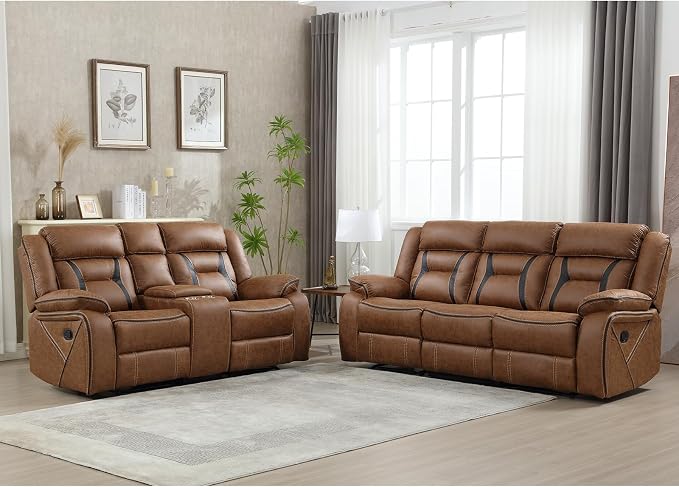 EBELLO Manual Recliner Sofa Set, Faux Leather Reclining Living Room Furniture - Image 6