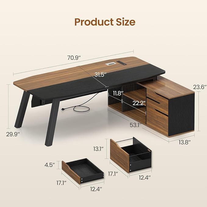 SEDETA 71" Executive Desk with File Cabinet, Large Office Desk with Drawers and - Image 2