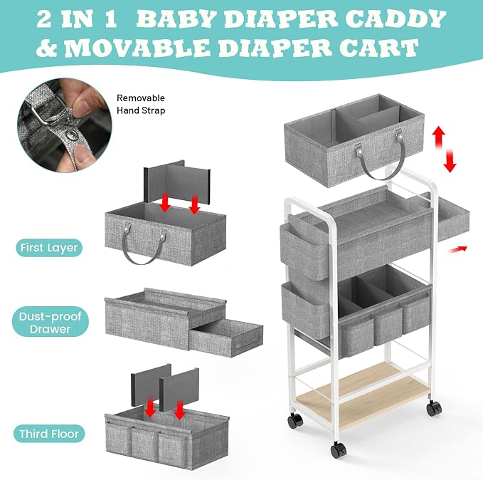 LIDTOP 2In1 Diaper Caddy & 4-Tier Rolling Diaper Cart, Diaper Caddy Organizer - Image 3