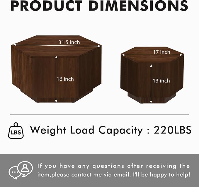 Hexagonal Nesting Coffee Tables Set of 2, Walnut Coffee Table - Image 2
