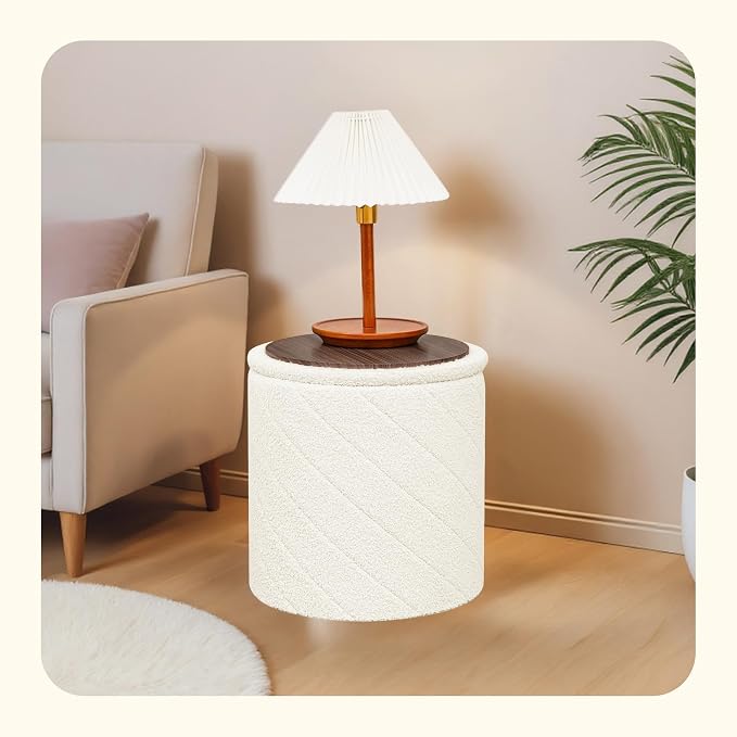 PINPLUS Ottoman with Stroage Round Boucle Ottoman and Tray Sherpa Removable - Image 2