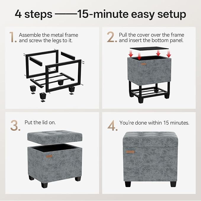 ABHENG Chenille Metal Framed Storage Ottoman, 12.2" D x 16.1" W x 17.7" H - Image 5