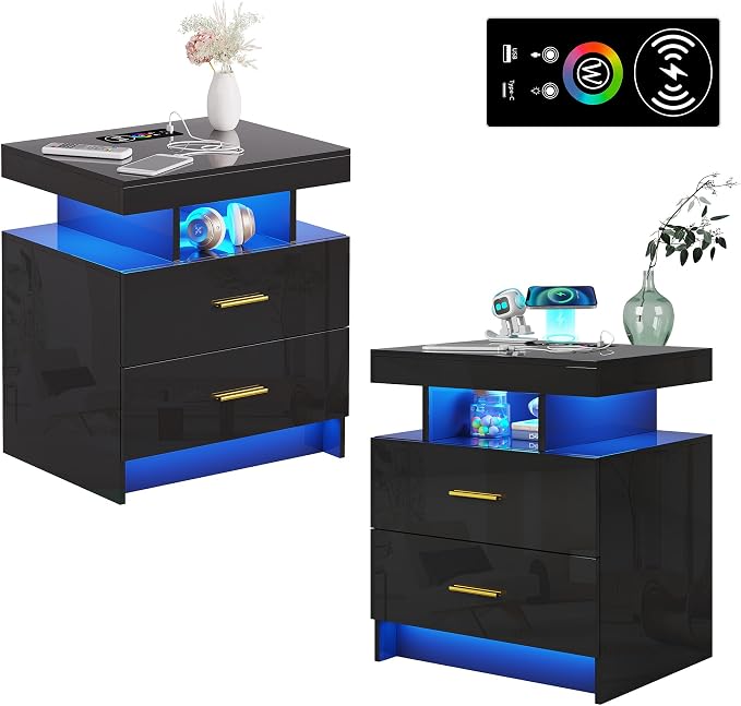 WOOVIVS Night Stand Set 2 with USB/Type-C/Wireless Charging Station, Blakc - Image 9