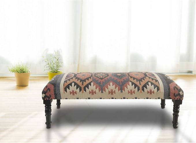 LR Home Upholstered Bench for Bedroom End of Bed |Southwestern Vintage Ottoman - Image 2