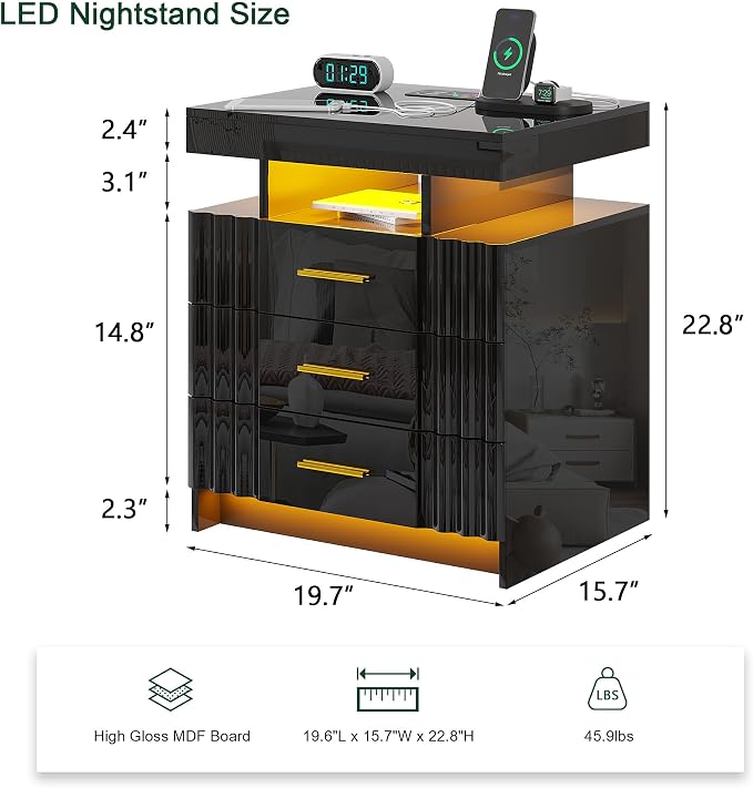 HNEBC LED Nightstand, Smart Bedside Table has Auto Sensor, High Gloss Night - Image 2