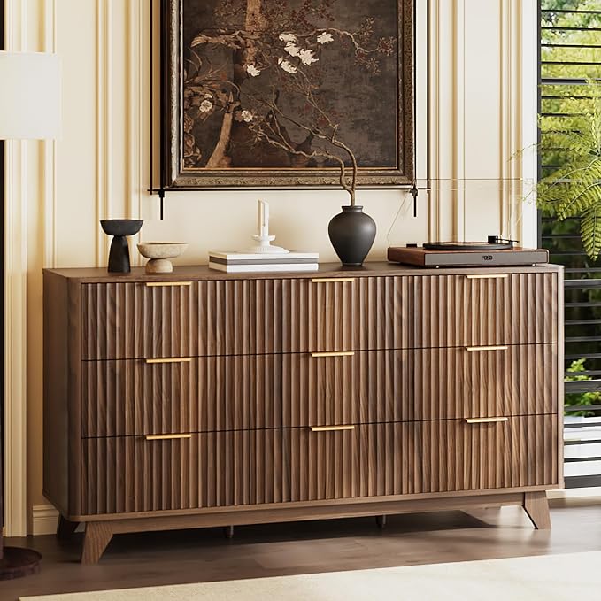 VINGLI Fluted Walnut Dresser 9 Drawer, Dark Wood Dresser Brown by VINGLI