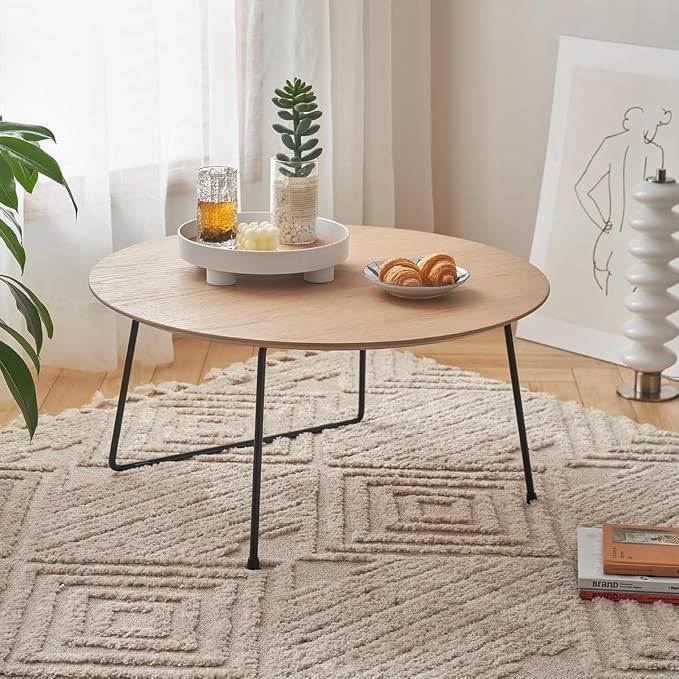 Modern Round Coffee Table 32 in, Acacia Wood Finish Living Room Table by Noeko