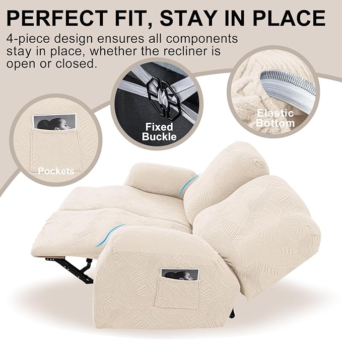 Recliner Loveseat Covers, 4-Piece Stretch Geometric Strokes Jacquard Reclining - Image 4