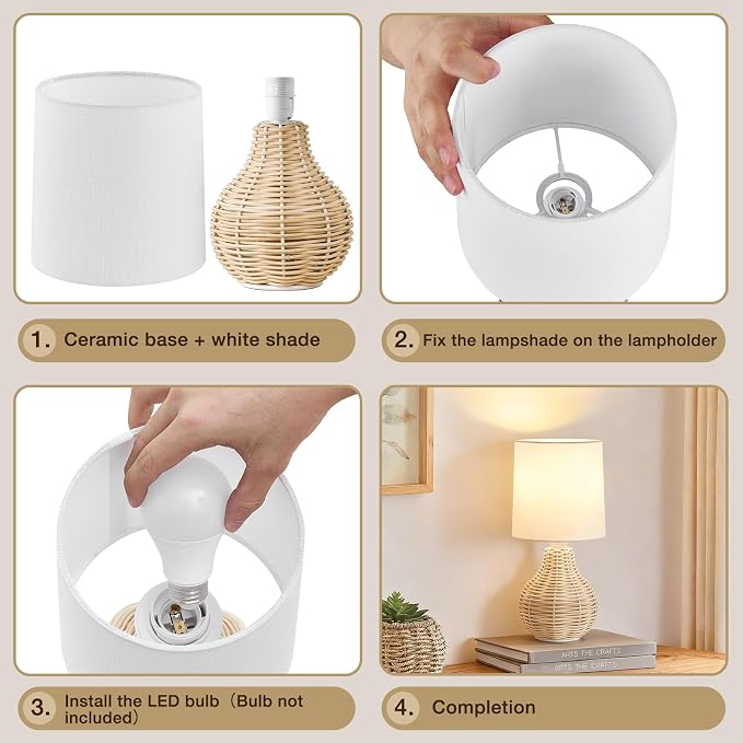 EJIAXIN Rattan Table Lamp Boho Lamps Set of 2-12.5" Mini Farmhouse Wicker Light - Image 8