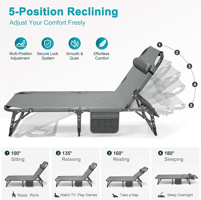 ABORON 2PK Heavy Duty Tanning Chair, 5-Gear Outdoor Folding Chaise Lounge Chair - Image 3