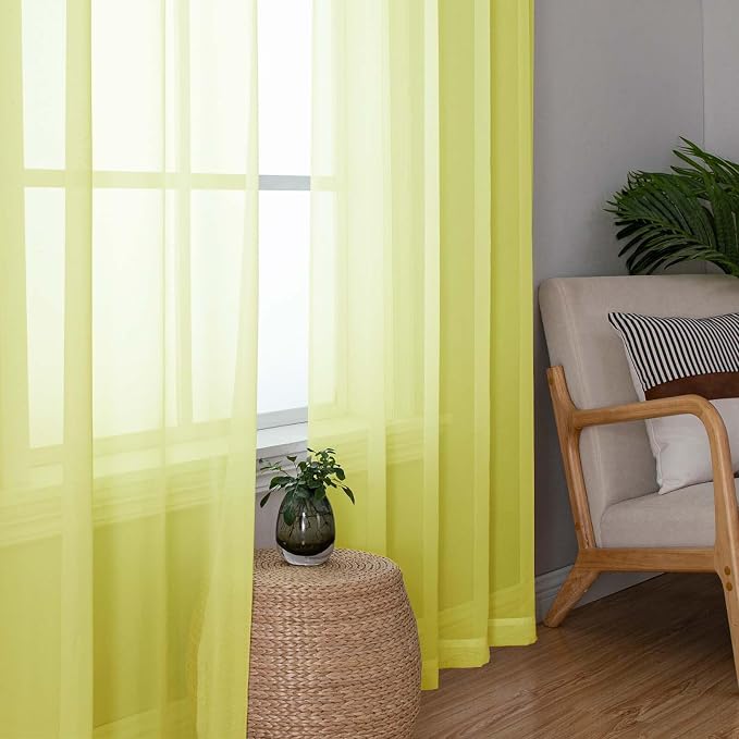Lecloud Lemon Sheer Curtains 72 Inches Long 2 Panels, Solid Voile Rustic Window - Image 2
