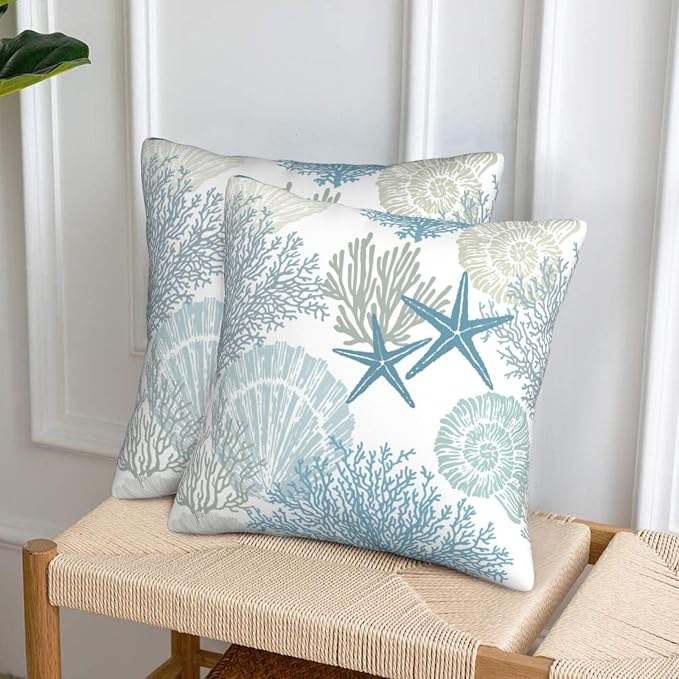 Nautical Coastal Beach Pillow Covers 18x18 Set of 2, Ocean Themed Seashell - Image 6
