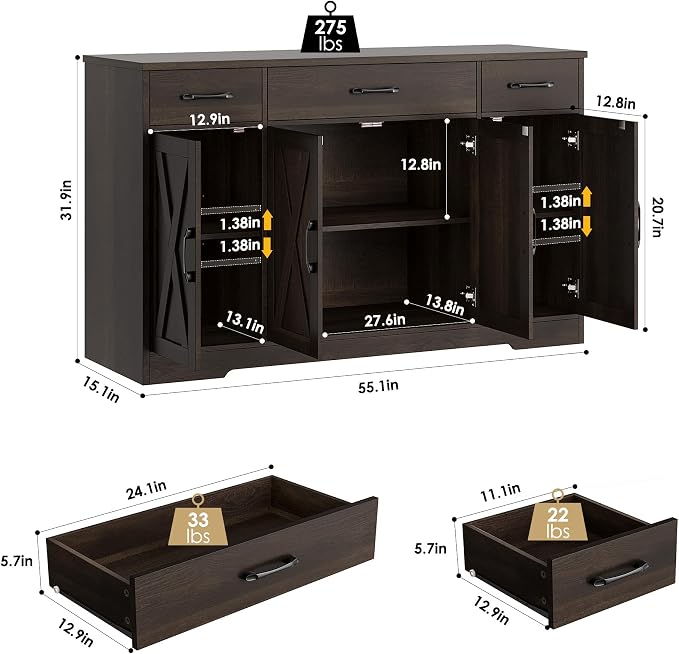 HOSTACK Buffet Cabinet with Drawers, Modern Farmhouse Coffee Bar Station Wood - Image 3