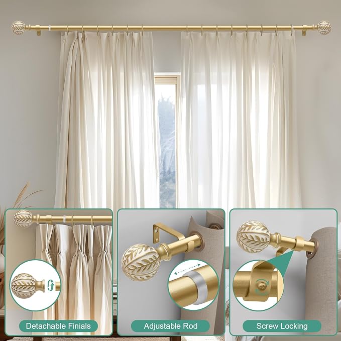 QDWIS Gold Curtain Rods for Windows 72 to 144 inch, Rustic Decorative Drapery - Image 9