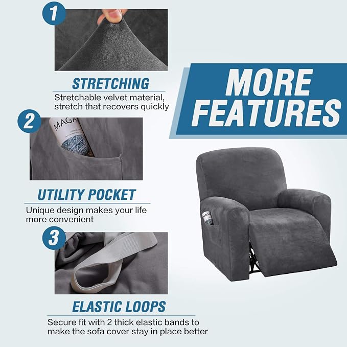 H.VERSAILTEX Velvet Stretch Recliner Couch Covers 4-Pieces Style Recliner Chair - Image 4