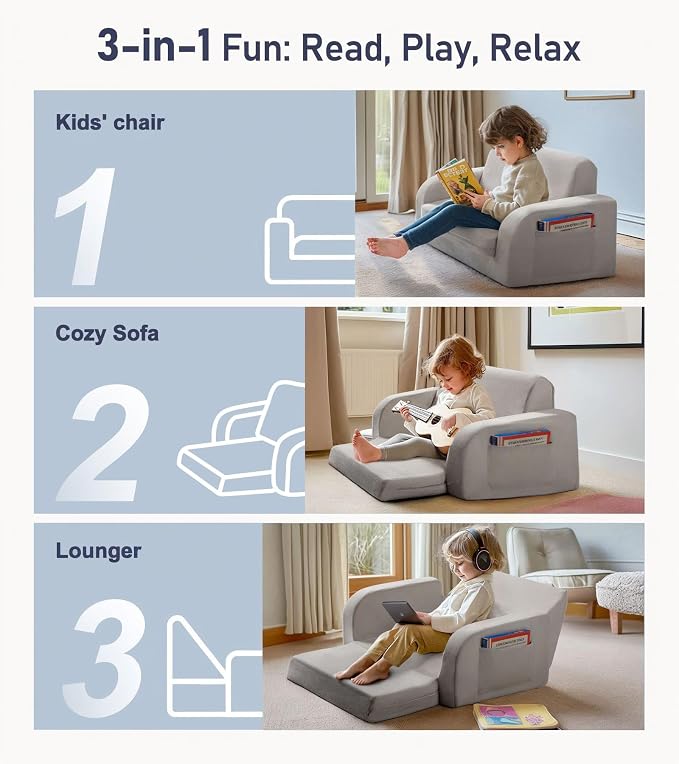 3-in-1 Extra Wide Convertible Kids Couch, Flip Open Toddler Couch to Lounger - Image 3