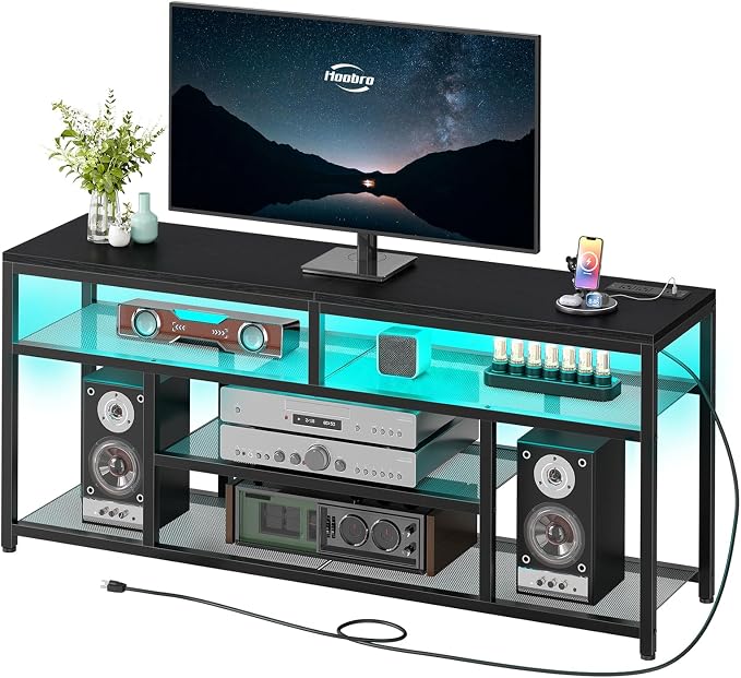 HOOBRO LED TV Stand with Charging Station, 4-Tier Entertainment Gaming Center - Image 8