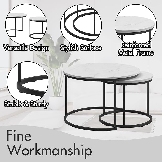 Homy Casa 27.6inch Round Coffee Table Set of 2, Modern Nesting Coffee Tables - Image 5