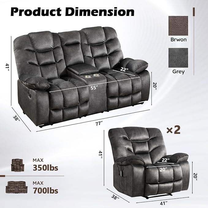 HAOMARKETS 3 Pieces Recliner Sofa Furniture Set, Include 2 Power Recliner Chairs - Image 2