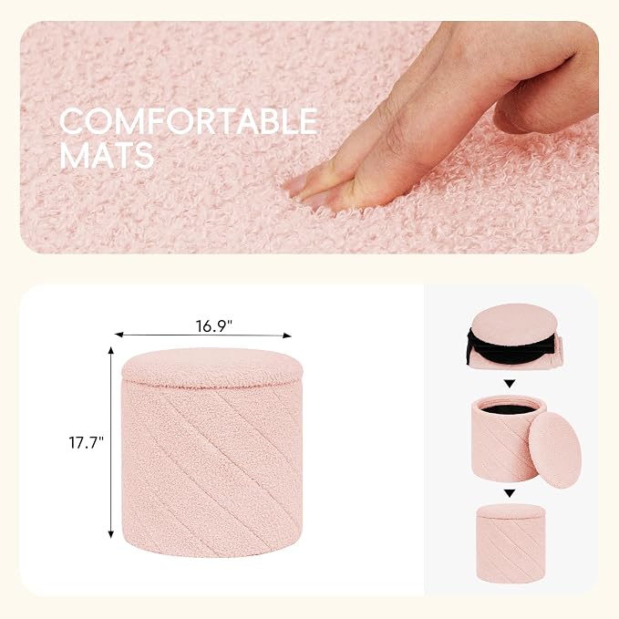 PINPLUS Ottoman with Stroage Round Boucle Ottoman and Tray Sherpa Removable - Image 3