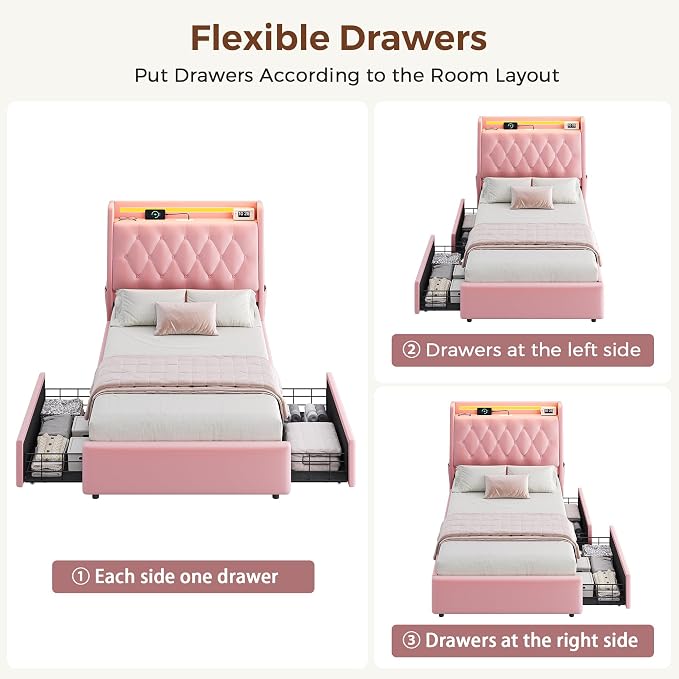 Twin LED Velvet Bed Frame with 2 Storage Drawers&Hidden Headboard, Upholstered - Image 8