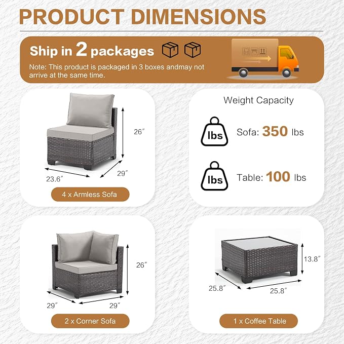 MOCHITO 5 Pieces Outdoor Patio Furniture Sets, All-Weather Sectional Sofa Dark - Image 5