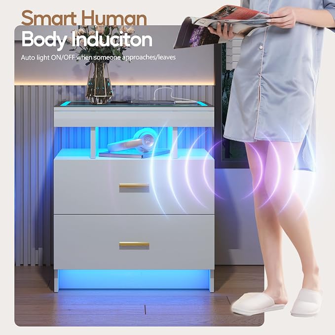LED Nightstand Set 2 with Wireless Charging Station, Glass Top Smart Bedside - Image 7