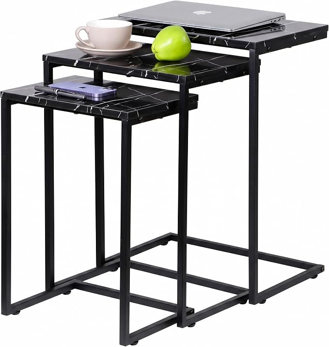 SUPER DEAL Nesting Tables Set of 3, Industrial C Shaped End Table Stackable by Superdeal