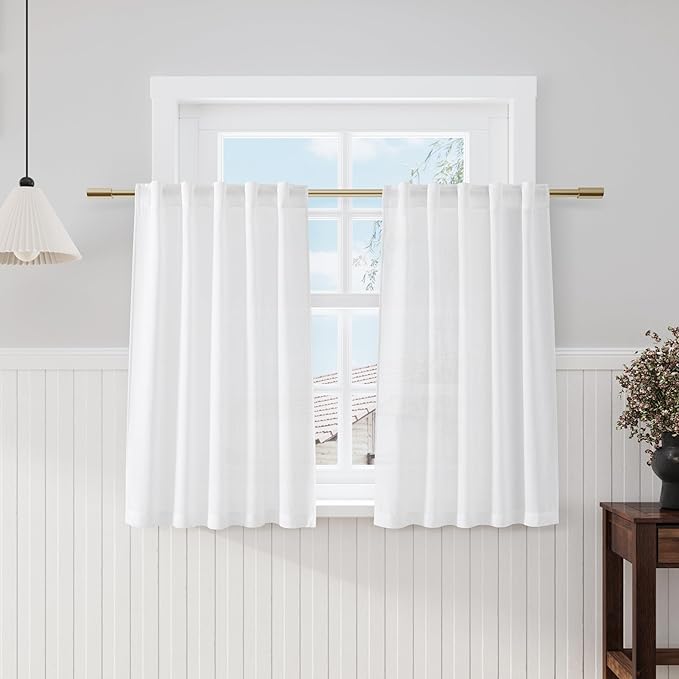 Nanspring White Short Linen Curtains 40 Inch Length 2 Panels Back Tab Rod by Nanspring