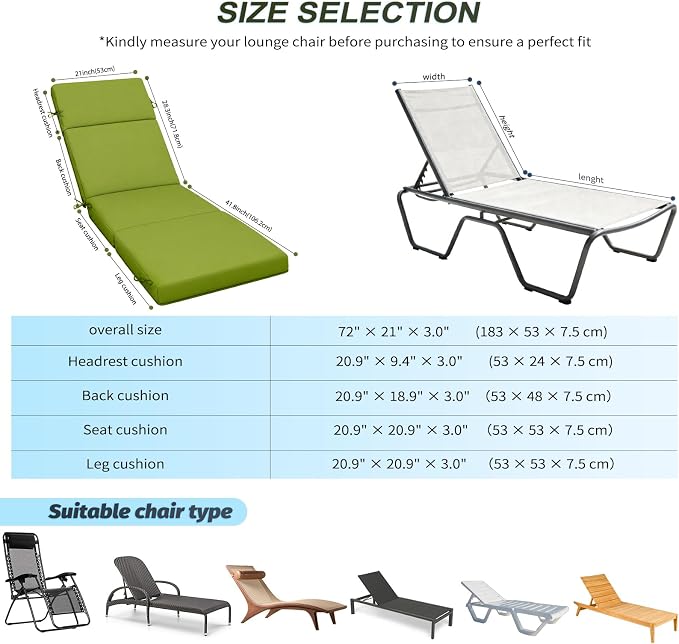 Outdoor Chaise Lounge Cushion 72" x 21" x 3", 4-Section Folding Patio Lounge - Image 3
