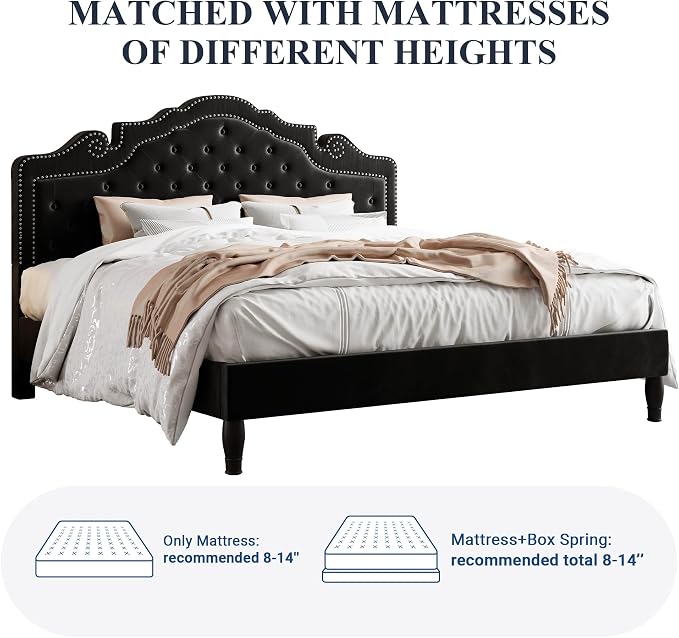 Allewie King Bed Frame with Adjustable Velvet Tiara Headboard, Upholstered - Image 9