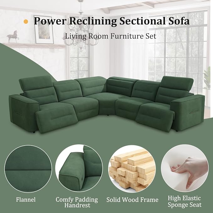 Power Recliner Sectional Sofa, L-Shaped Living Room Furniture Set, Flannel - Image 5