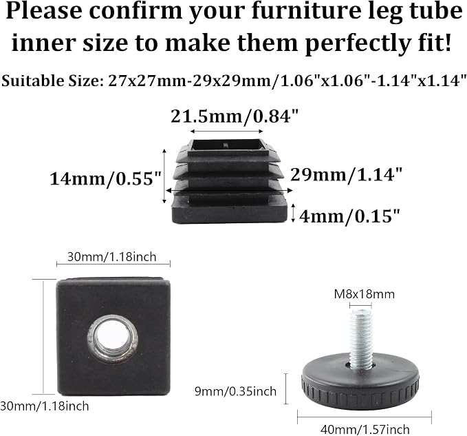 8Pcs Adjustable Leveling Feet, Square Insert Kit, Furniture Glide Leveler - Image 2