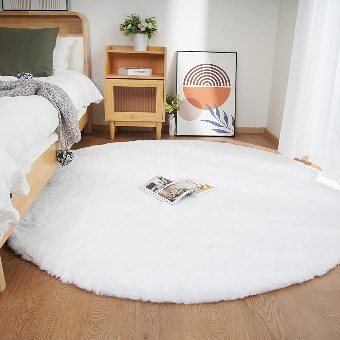 Ghouse Faux Rabbit Fur Round Rug 6ft White Round Rugs - Image 2