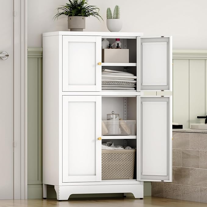 YAUWOH White Bathroom Floor Cabinet, Metal Storage Cabinet - Image 2