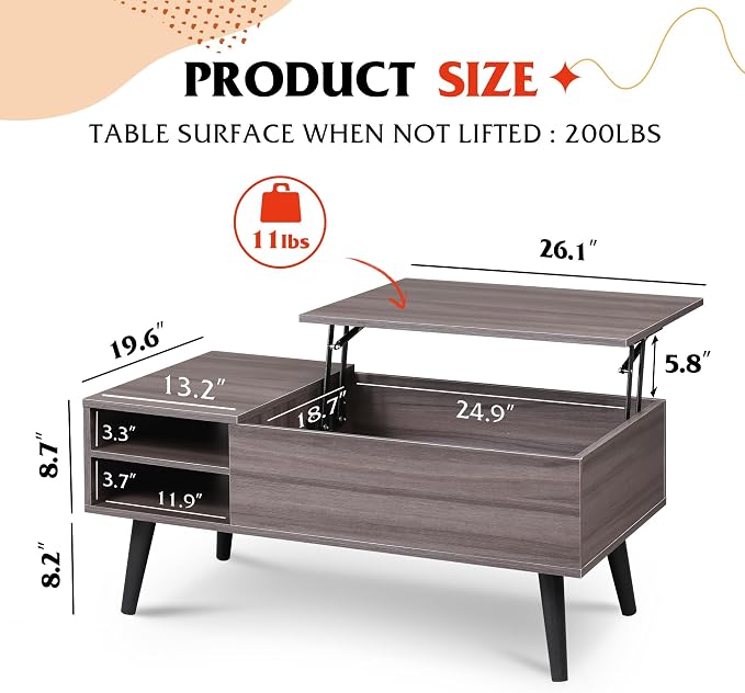 WLIVE Lift Top Coffee Table for Living Room, Small Coffee Table - Image 3
