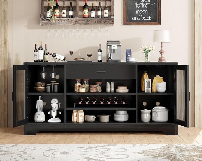 HSH Long Bar Cabinet with Fridge Space, Modern Wood Coffee Wine Liquor Cabinet - Image 9