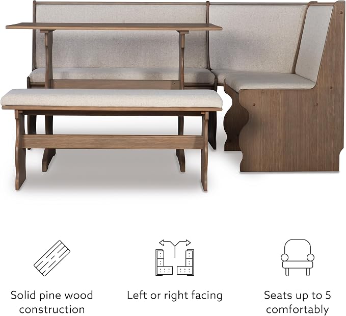 Linon Lucy Natural Wood and Linen Upholstered Corner Nook Kitchen Dining Set - Image 12