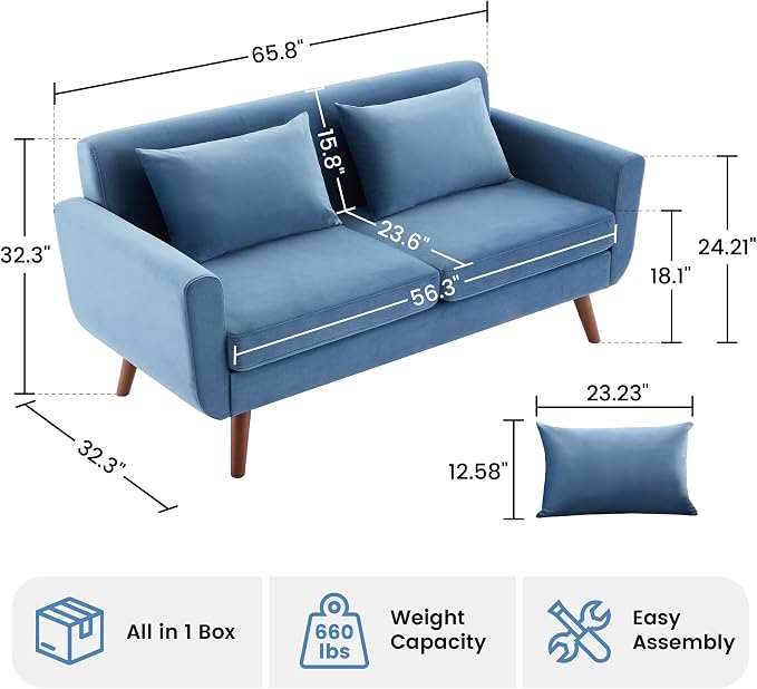 Tbfit 65" W Loveseat Sofa, Velvet Mid Century Modern Love Seat Couches - Image 2