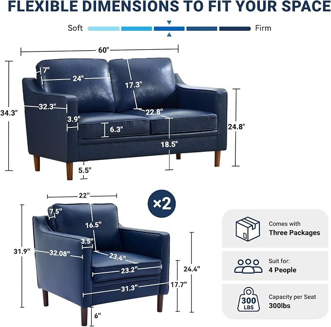 Kingfun Living Room Furniture Sets, 2 Armchair and Loveseat, Mid Century Modern - Image 2