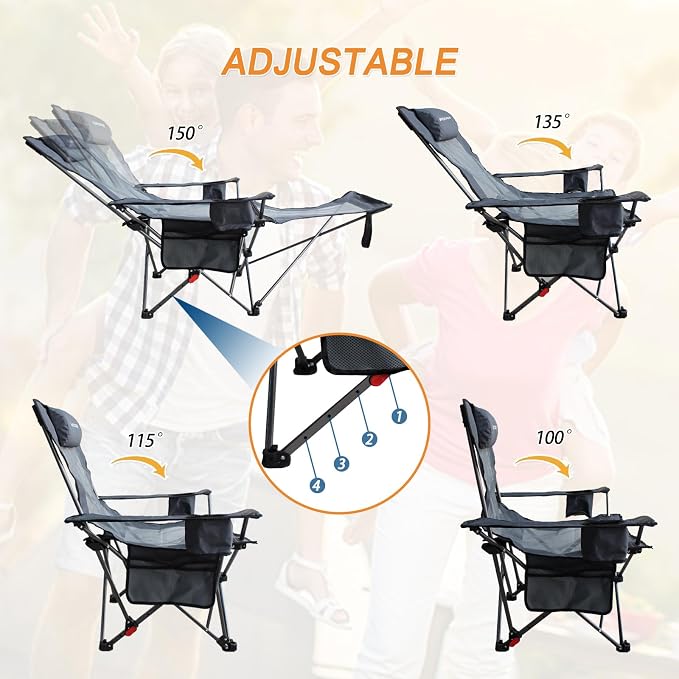 Reclining Camping Chair with Removable Footrest Lounge Chair with Headrest - Image 7