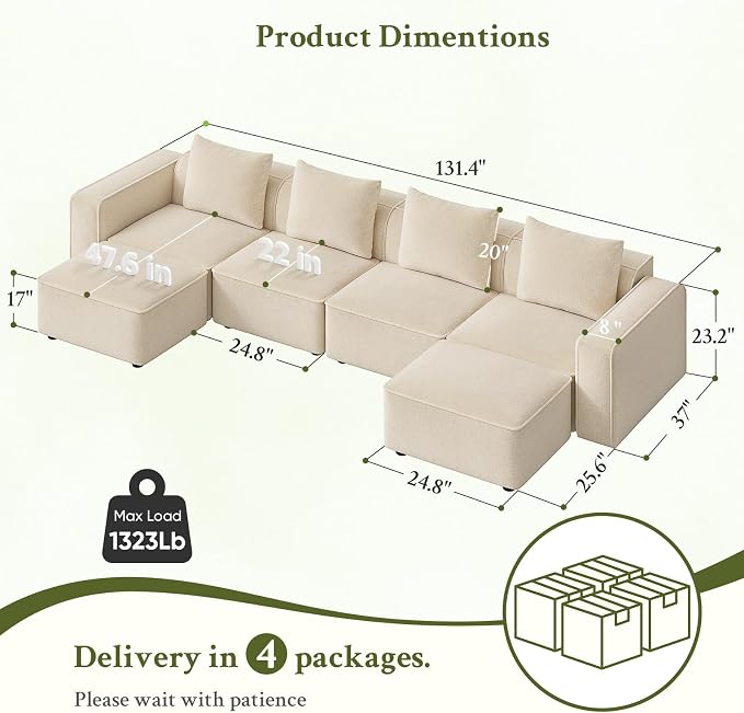 Welzona 132" Sectional Couch, Locked-in Modular Sectional Sofa, Wood Frame - Image 2